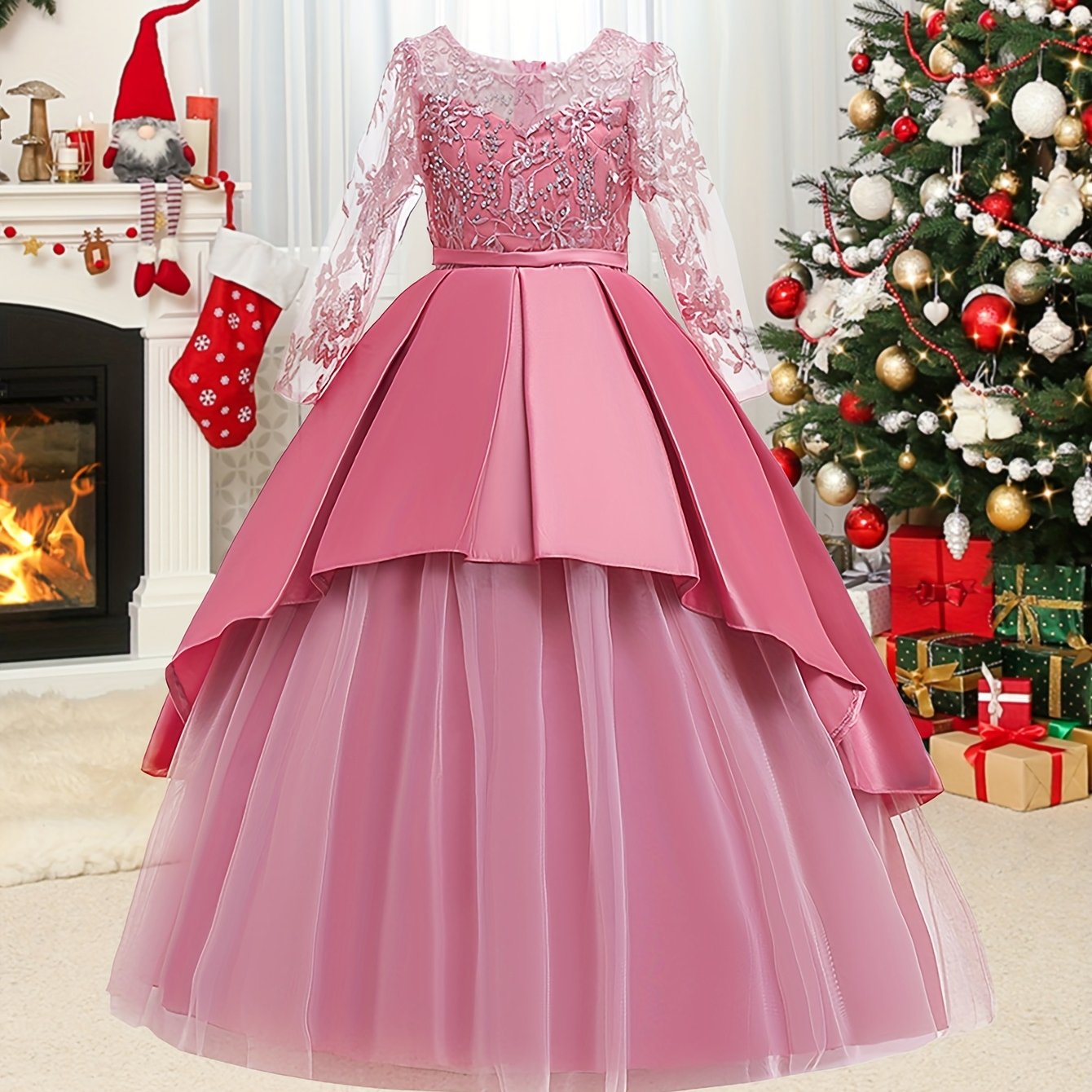 Girls Long Sleeve Tulle Wedding Dress with Bow Crew Neck Fit and Flare All-Season Costume