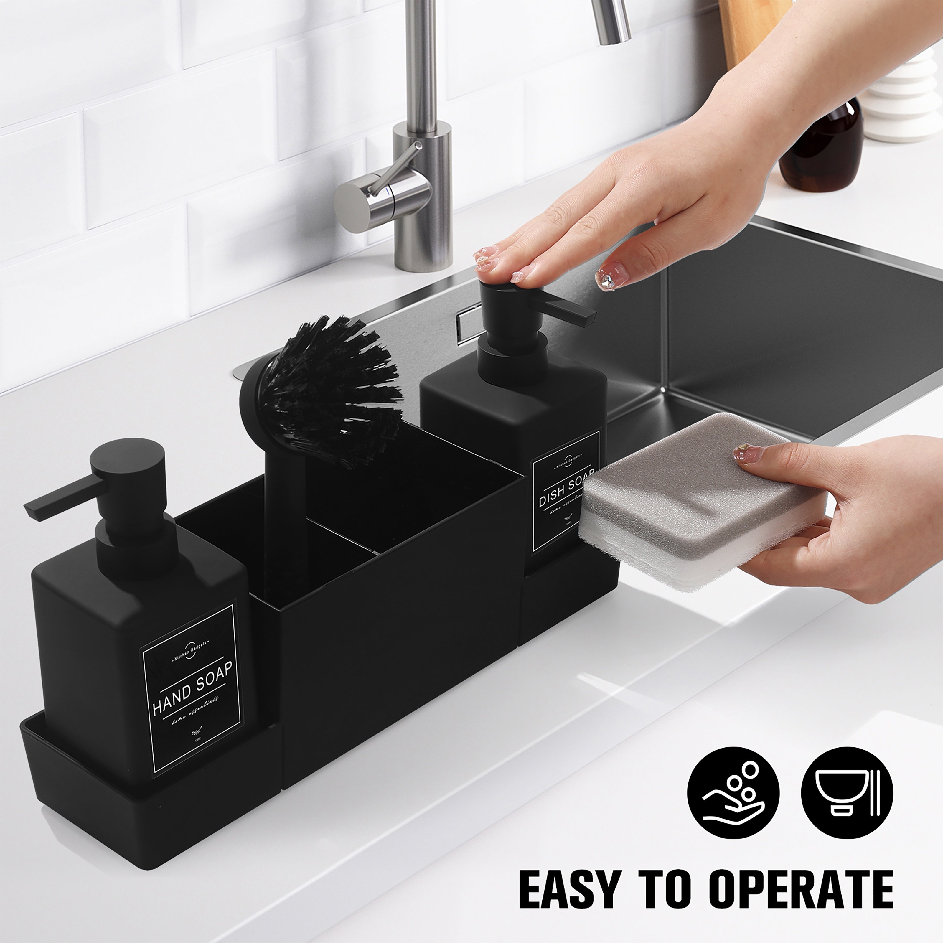 Black Double Soap Dispenser with Sponge Holder and Dish Brush for Kitchen Sink