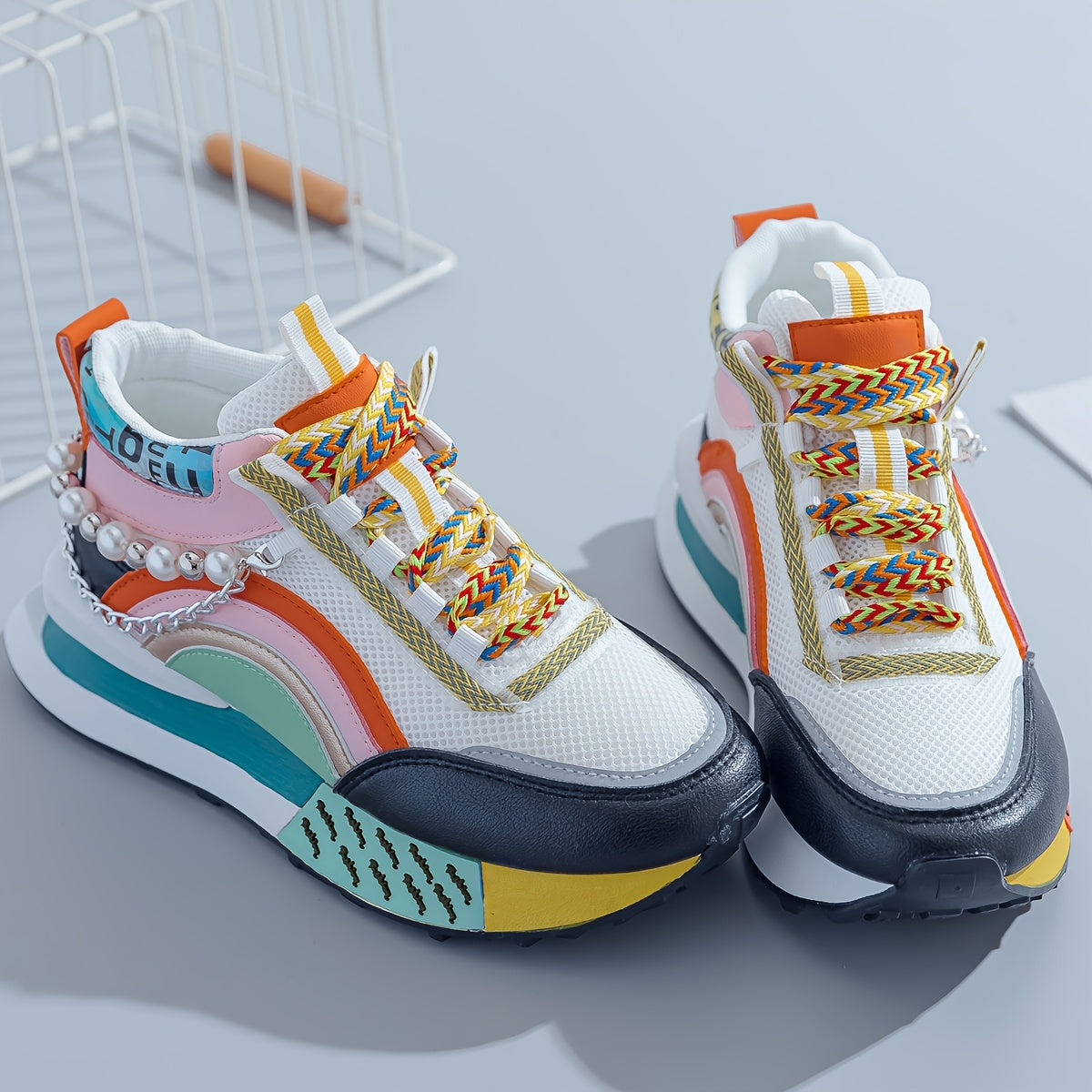 Women’s Fashion Sneakers with Colorful Laces and Bead Embellishments