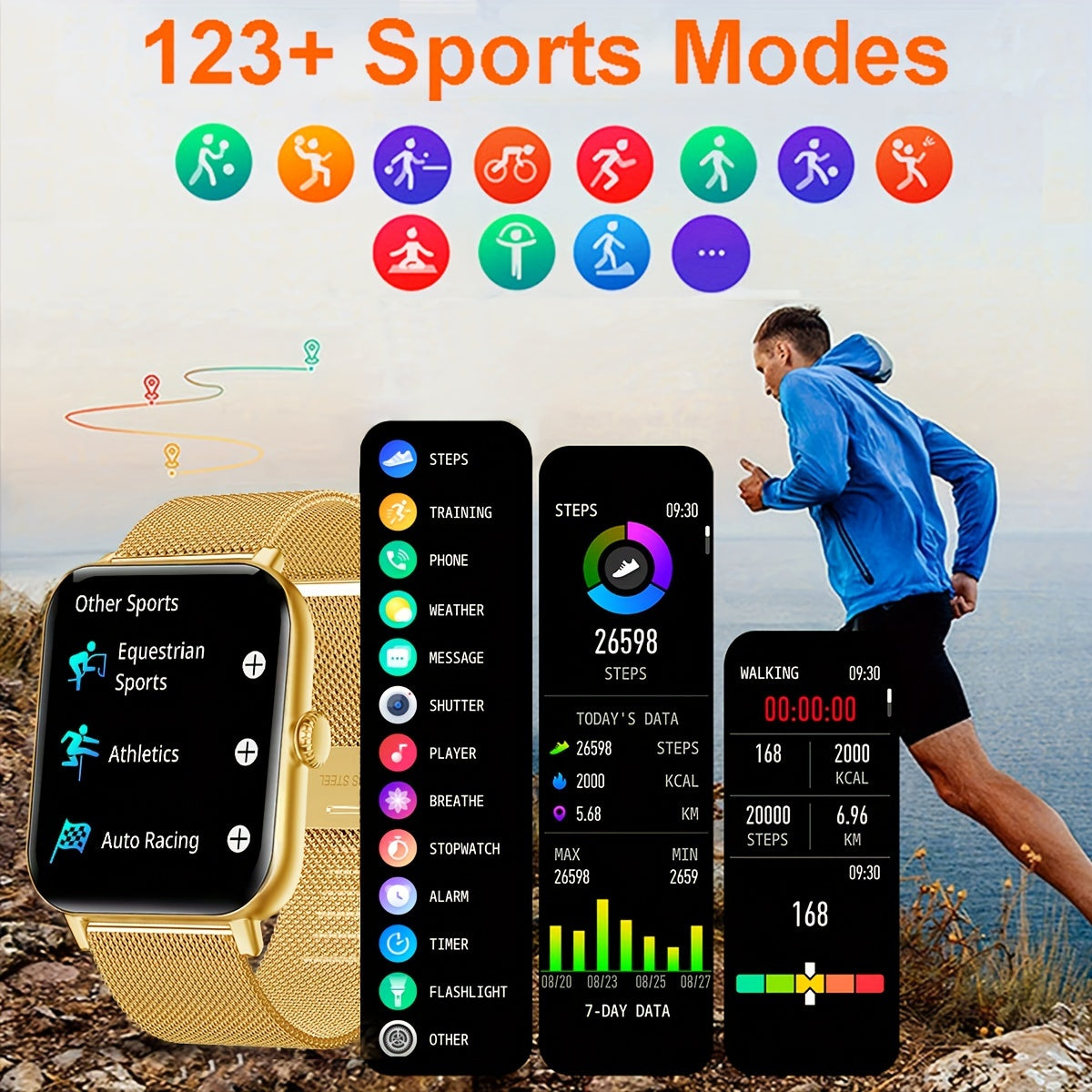 Умные часы COIUSOR с HD-дисплеем 4,65 см, золотистой сетчатой лентой, беспроводные, с уведомлением о сидячем образе жизни, управлением музыкой и камерой, более 100 режимами фитнеса, совместимы с iOS и Android.