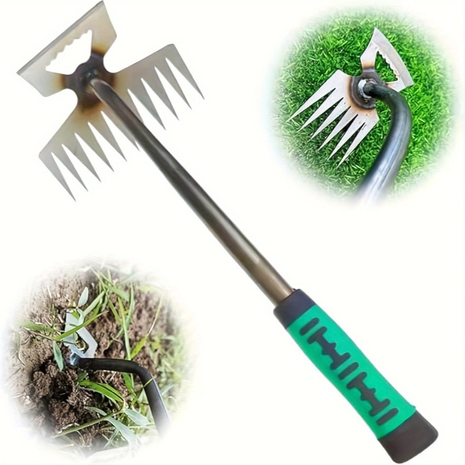 Manual Garden Weeder Tool with 11 Tine Manganese Steel Ergonomic Handle for Lawn and Garden