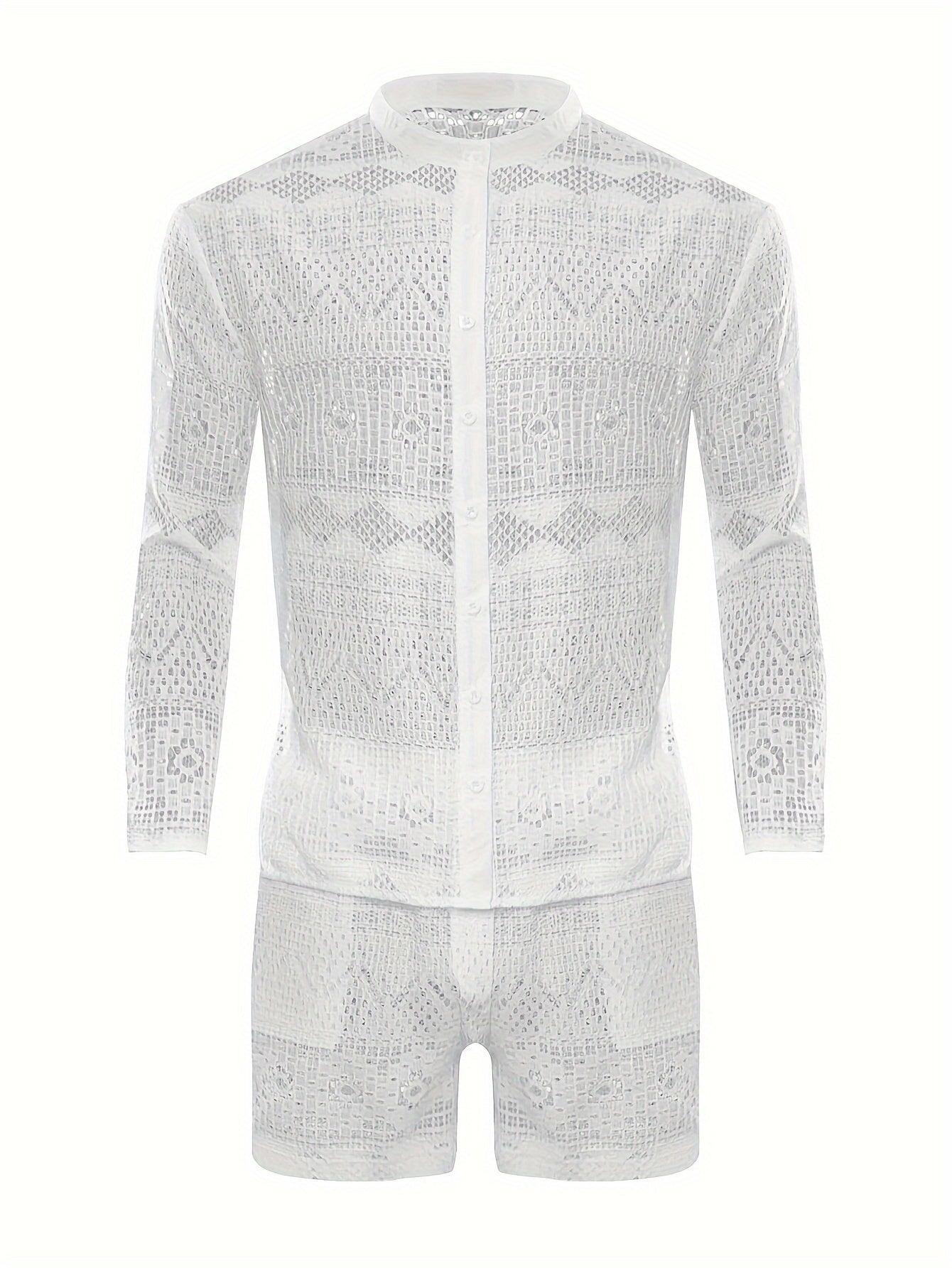 Men's Sheer Lace Shirt and Shorts Set for Beach and Nightclub Summer Wear