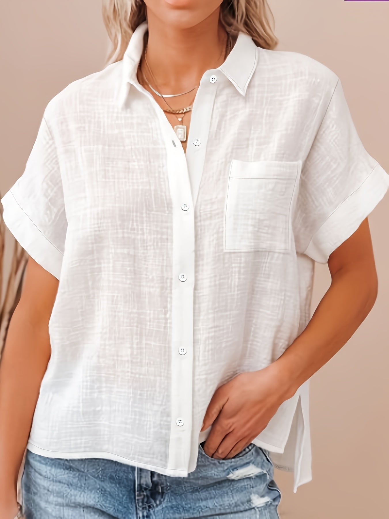 Women's Plus Size Solid White Short Sleeve Button-Up Shirt Lightweight Polyester