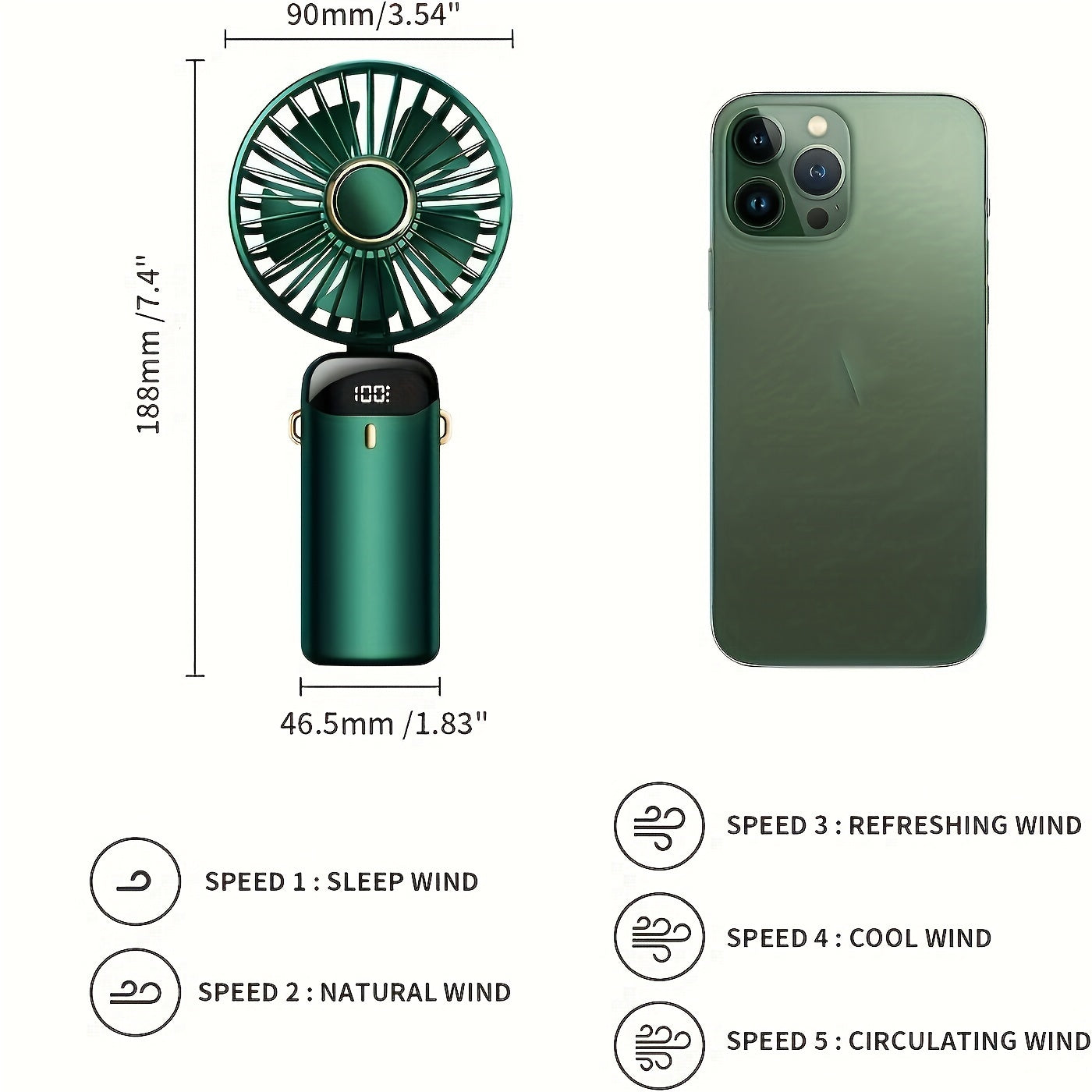 Portable Mini Fan with LED Display, 5-Speed USB Rechargeable, Foldable, Touch Control