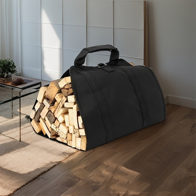 Canvas Firewood Carrier Bag with Leather Handles Large Capacity Indoor Outdoor Black