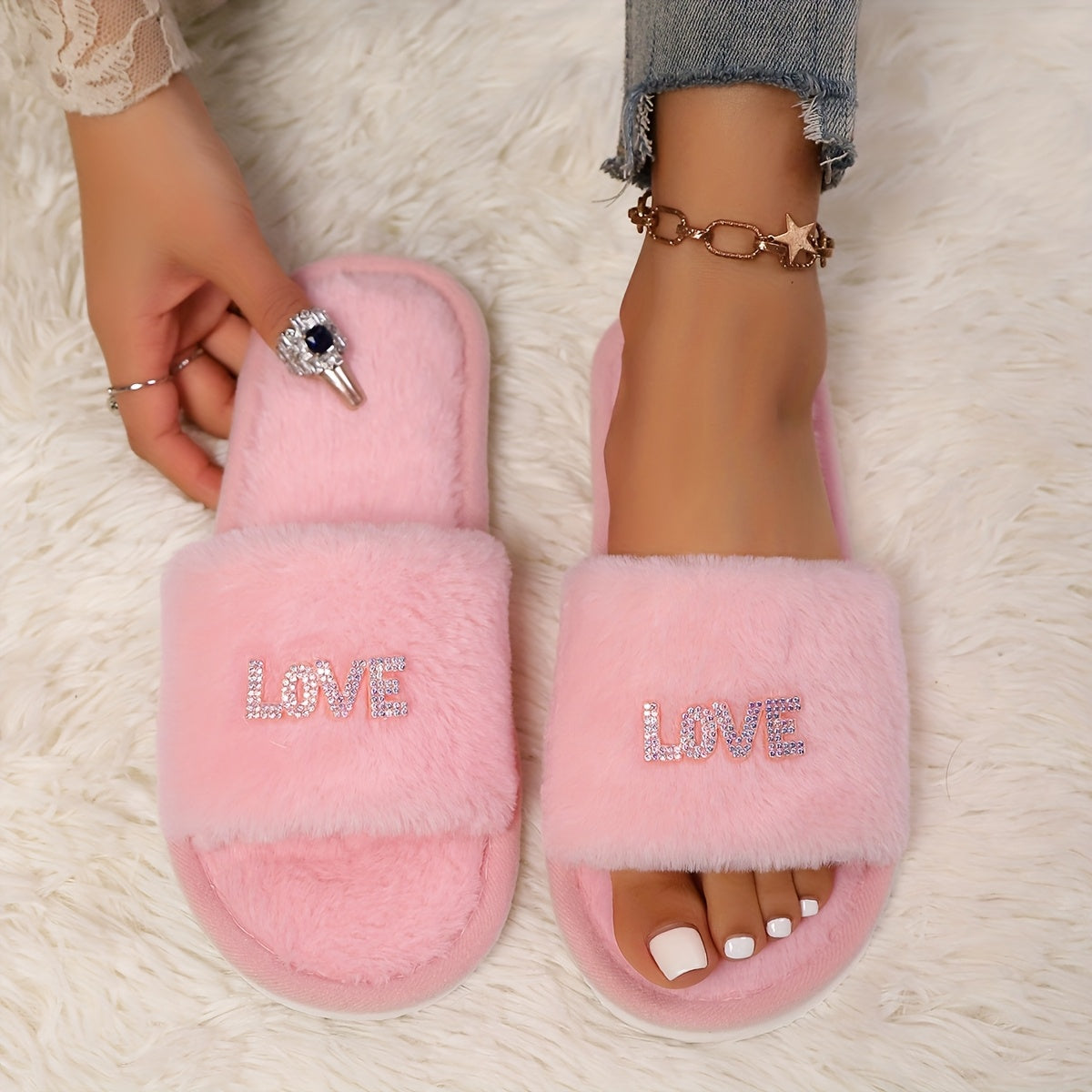 Women's Faux Fur Slip-On Slippers with "LOVE" Print Indoor Outdoor Comfort