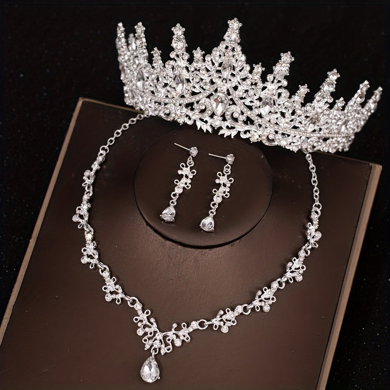 Set of 3 Vintage Rhinestone Jewelry Accessories Crown Headband Necklace Earrings for Weddings and Banquets