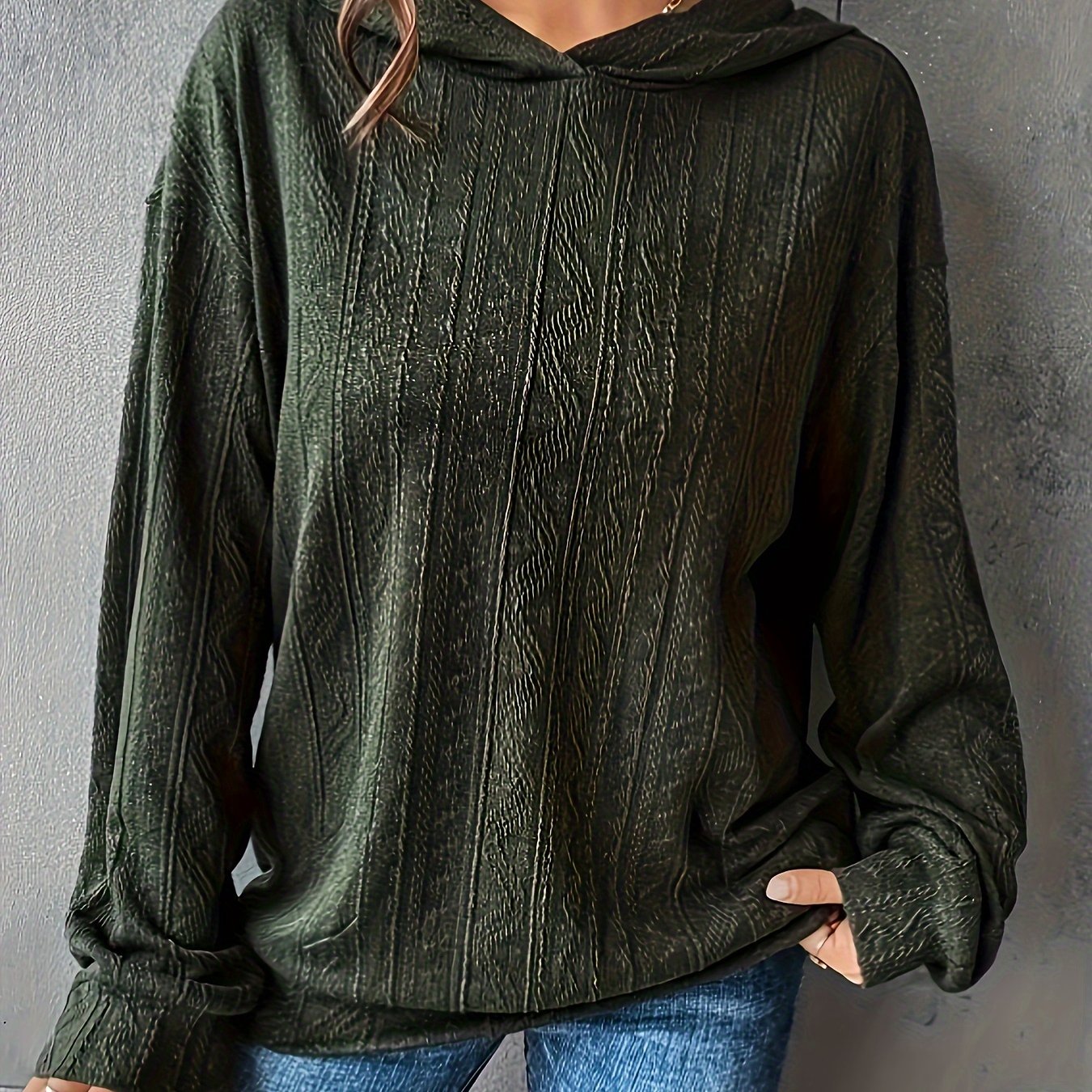Plus Size Women's Solid Textured Long Sleeve Hoodie Sweatshirt