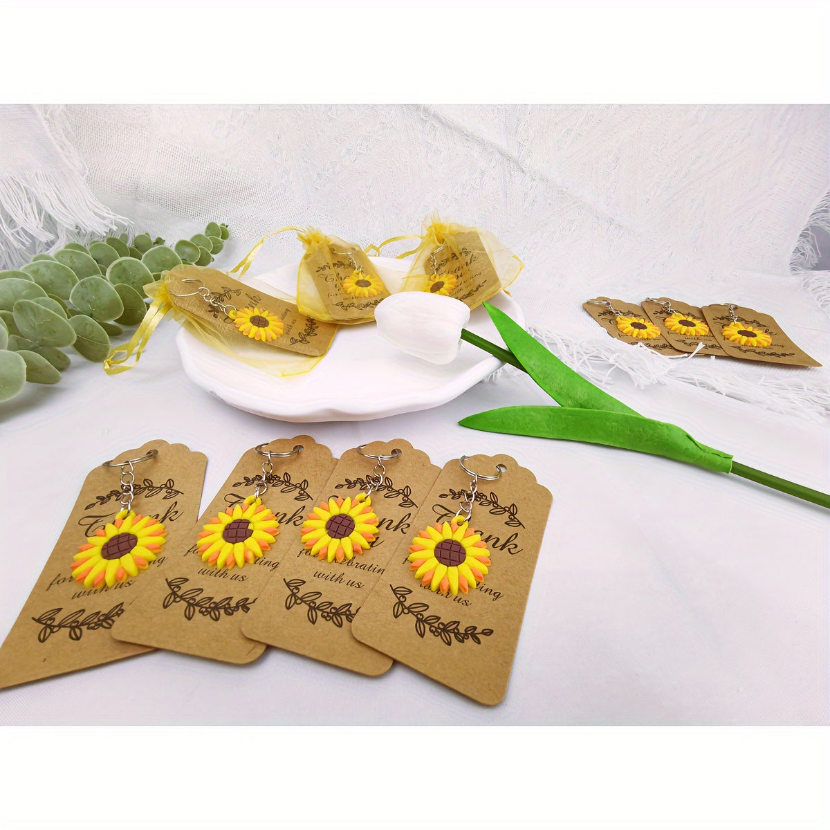 30 Pack Sunflower Keychain Party Favors with Organza Bags and Thank You Tags