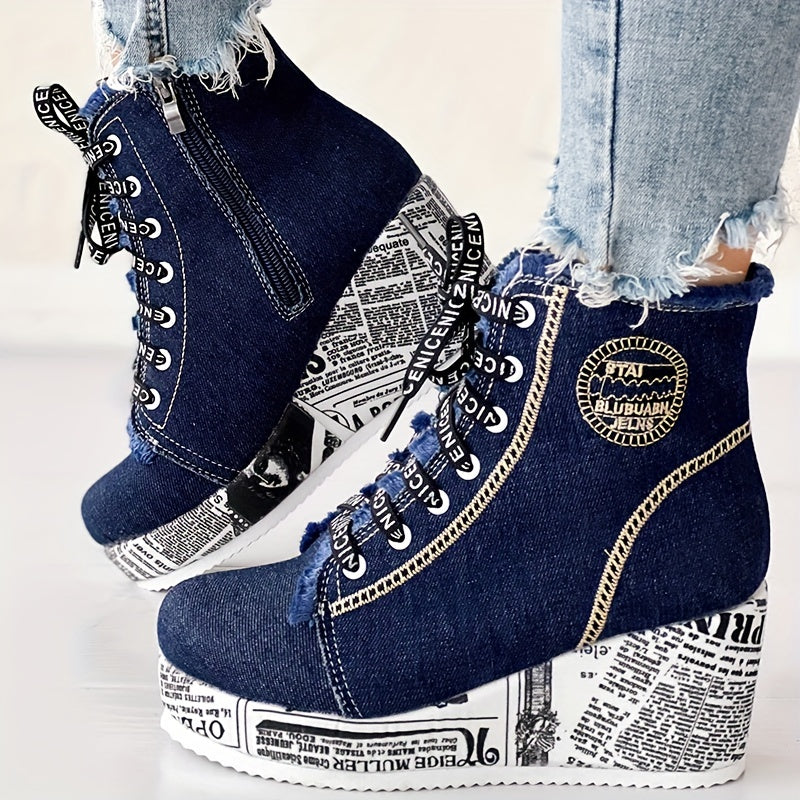 Women’s Solid Denim Lace-Up Platform Boots with Wedge Heel and Round Toe
