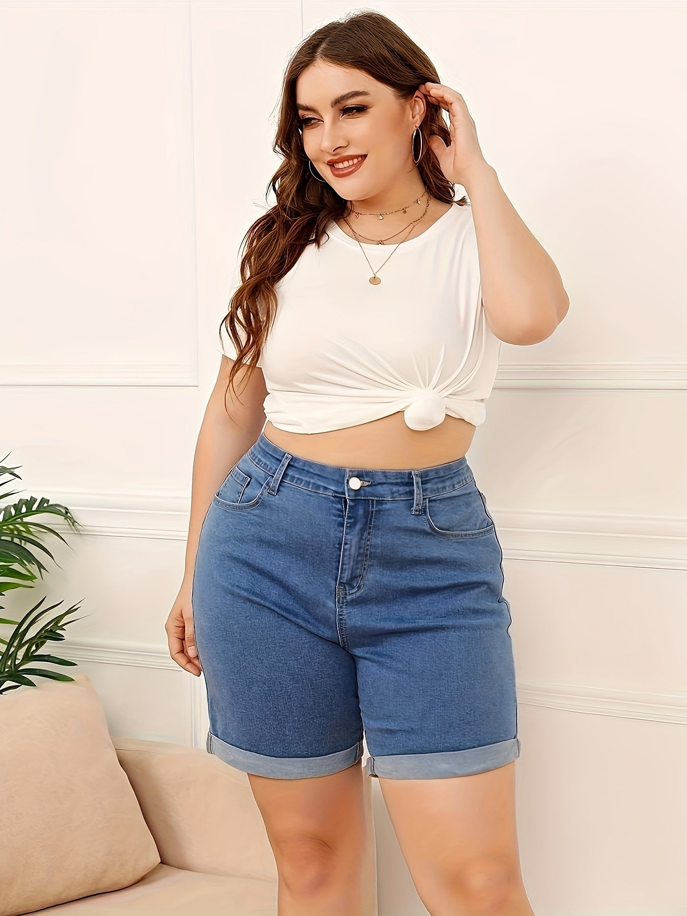 Women's Plus Size Denim Shorts High Waist Stretch Summer Rolled Hem