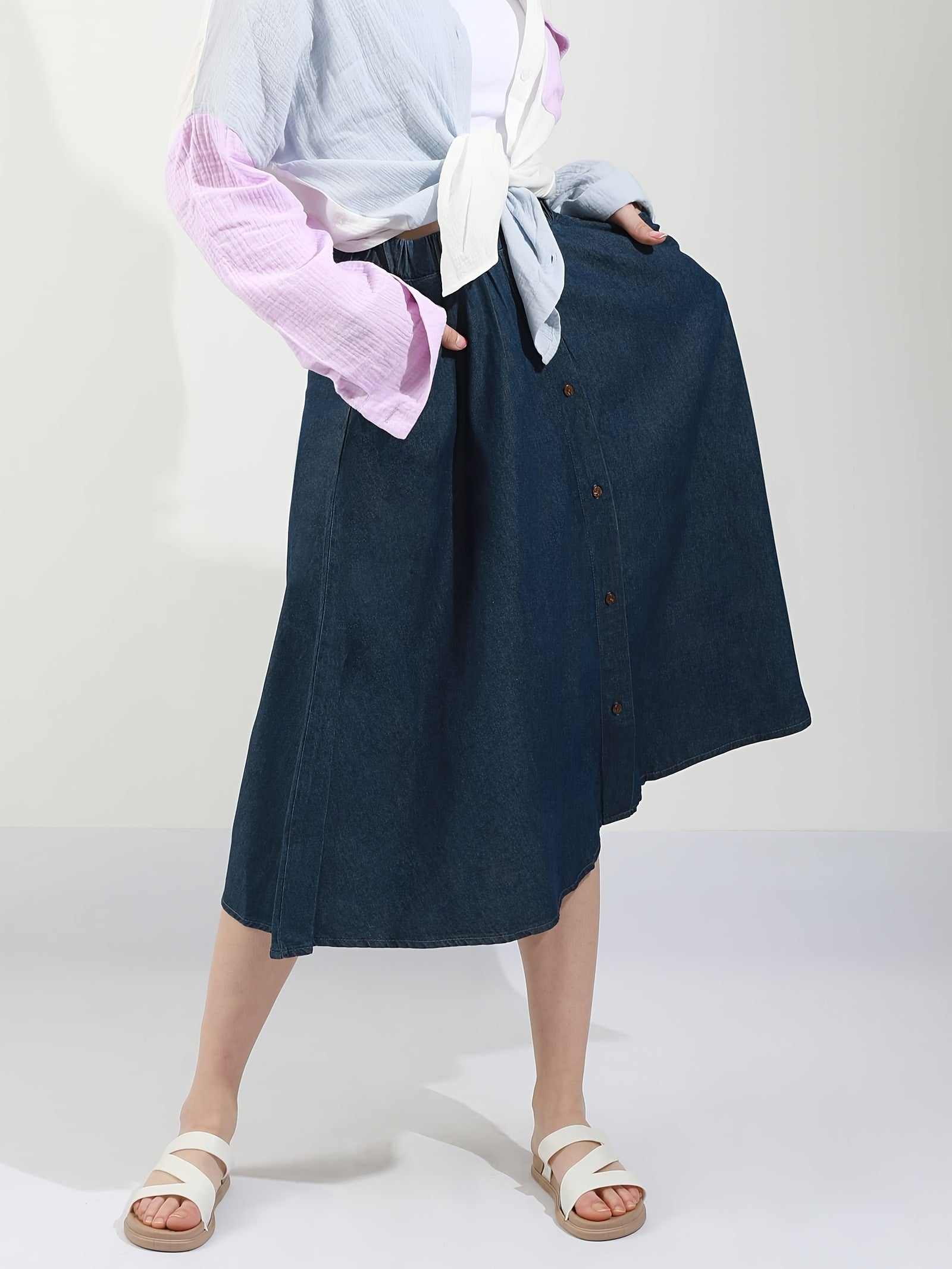 Plus Size Women's High-Waisted Floral A-Line Midi Skirt