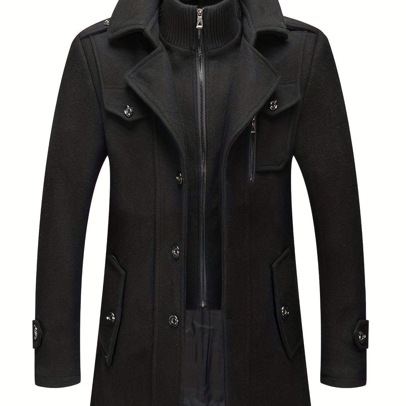 Plus Size Men's Double Collar Wool-Polyester Jacket with Faux Pockets for Fall Winter