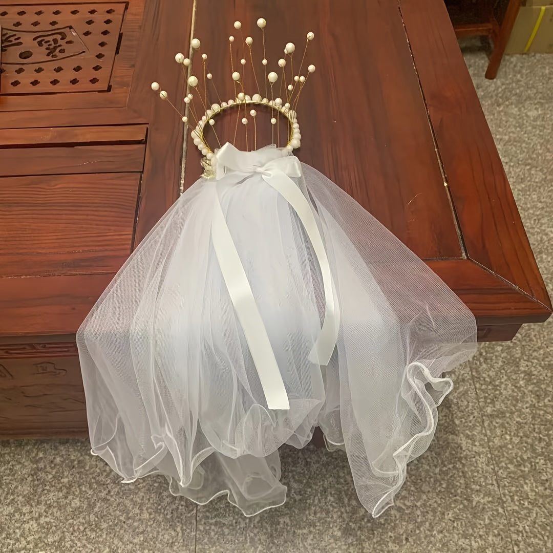 Women's Bridal Tulle Veil with Pearl Crown and Butterfly Knot for Weddings