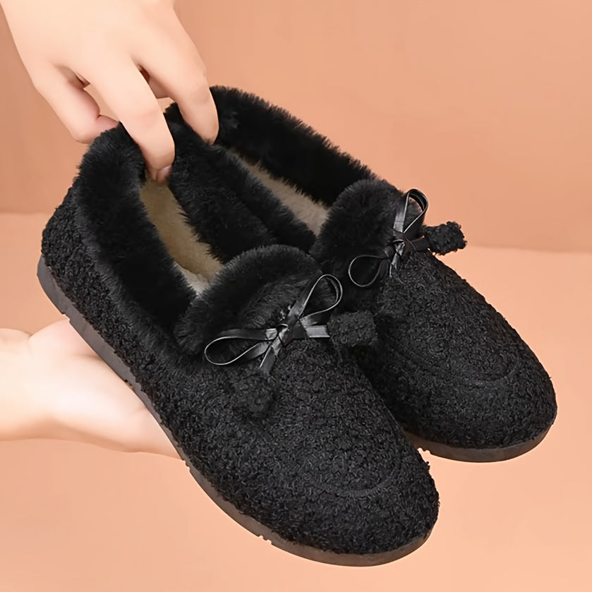 Women's Cozy Loafers Solid Color Microfiber Bow Non-Slip Rubber Sole All-Season