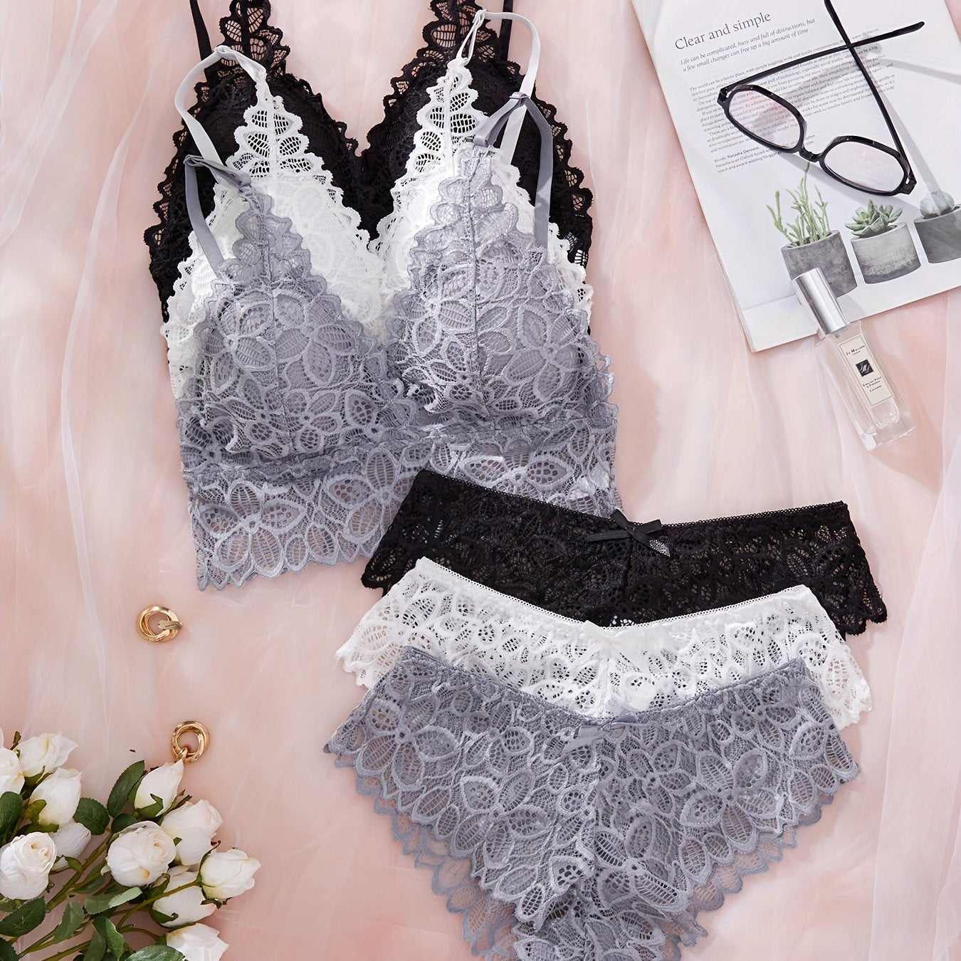 Women's Lace Lingerie Set with Wireless Bra, Panties, Removable Pads, Nylon Blend, 6-Piece