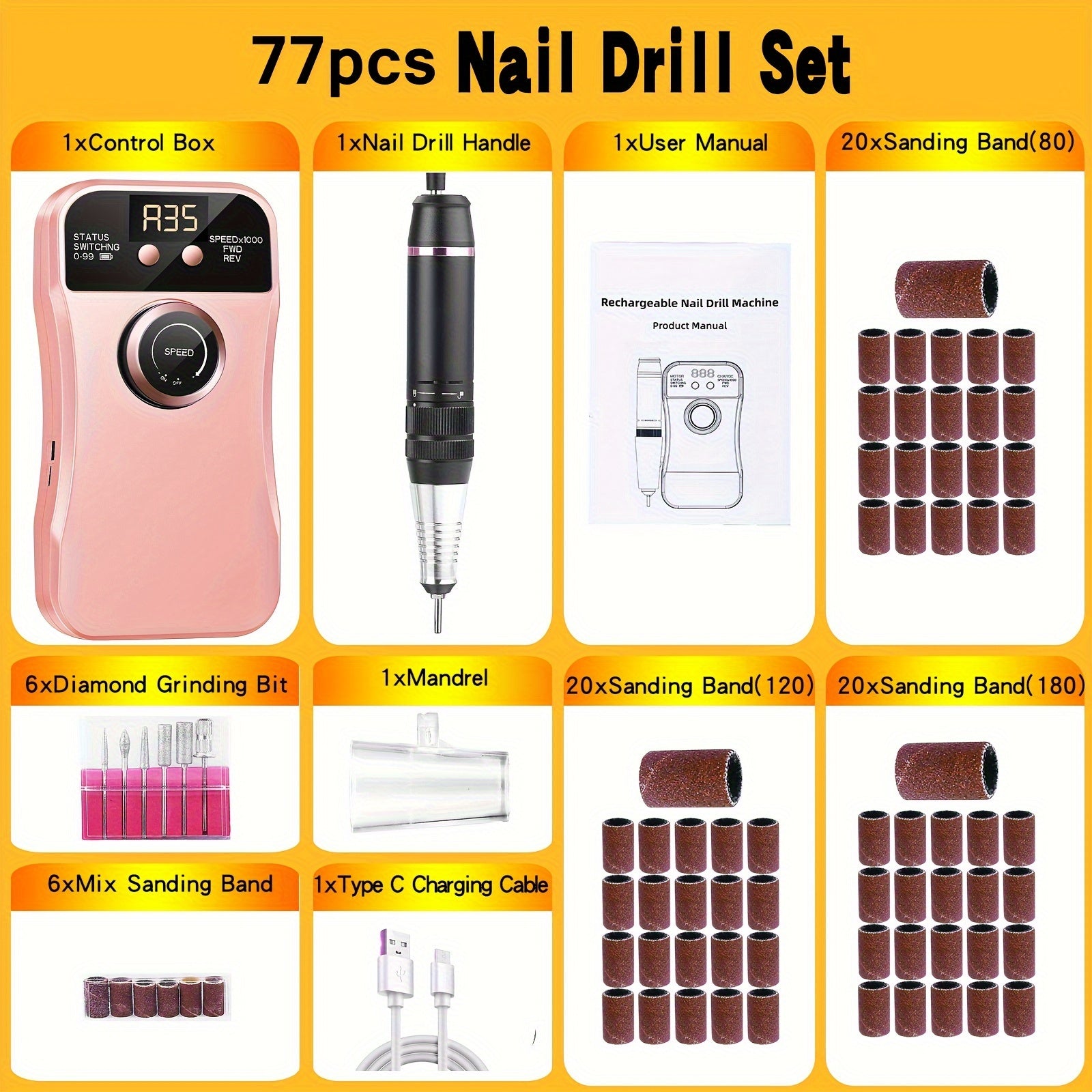 Electric Nail Drill Machine for Acrylic Nails Portable Cordless 35000 RPM Manicure Pedicure Kit