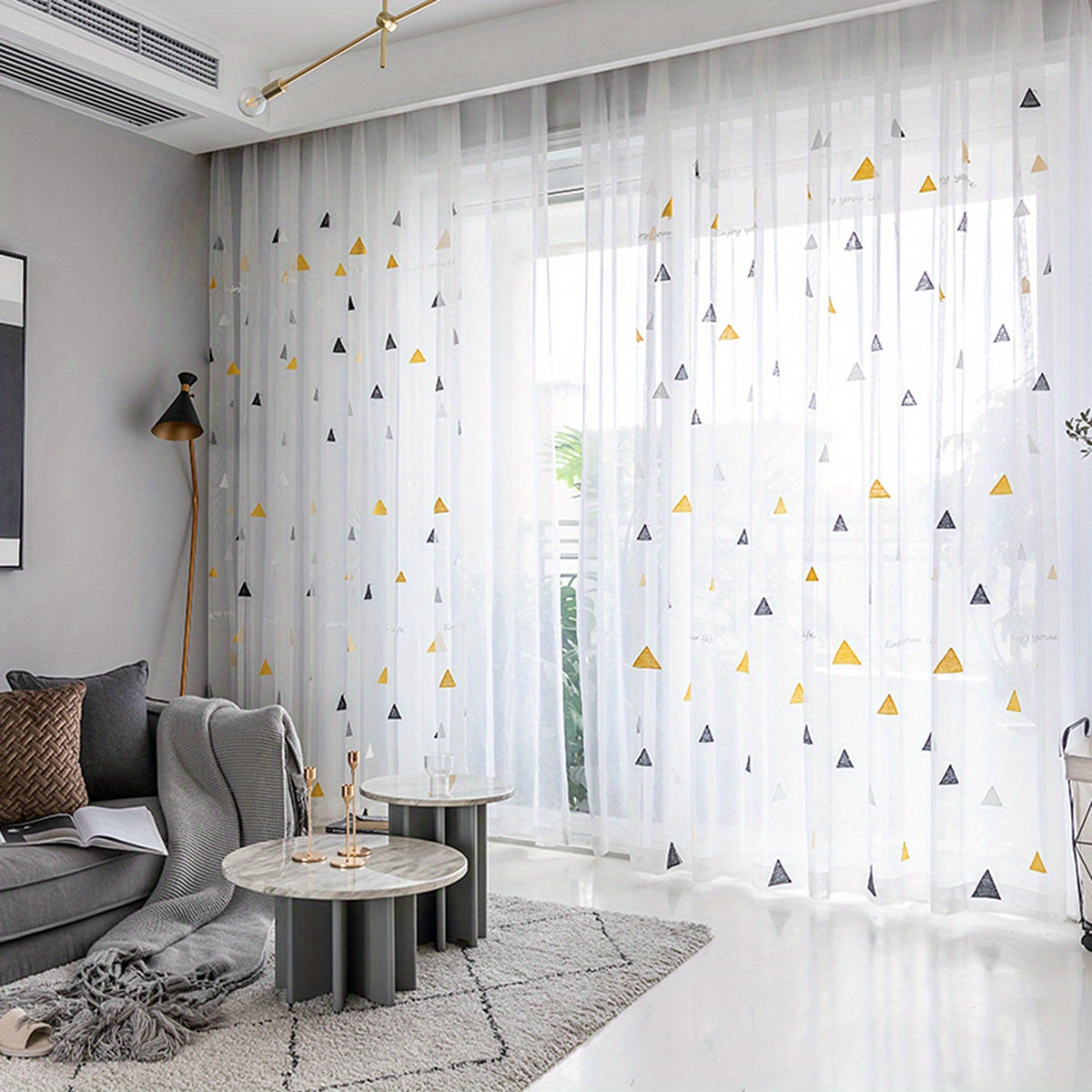 White Geometric Triangle Sheer Curtains for Girls Room Living Room Bedroom Polyester Embroidered Panel