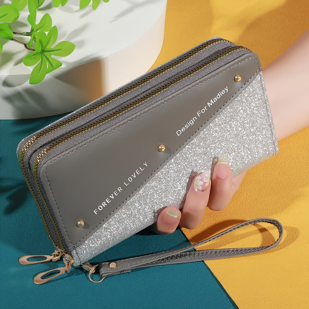 Длинный кошелек с цветными блоками, клатч с пайетками и слотами для карт для женщин