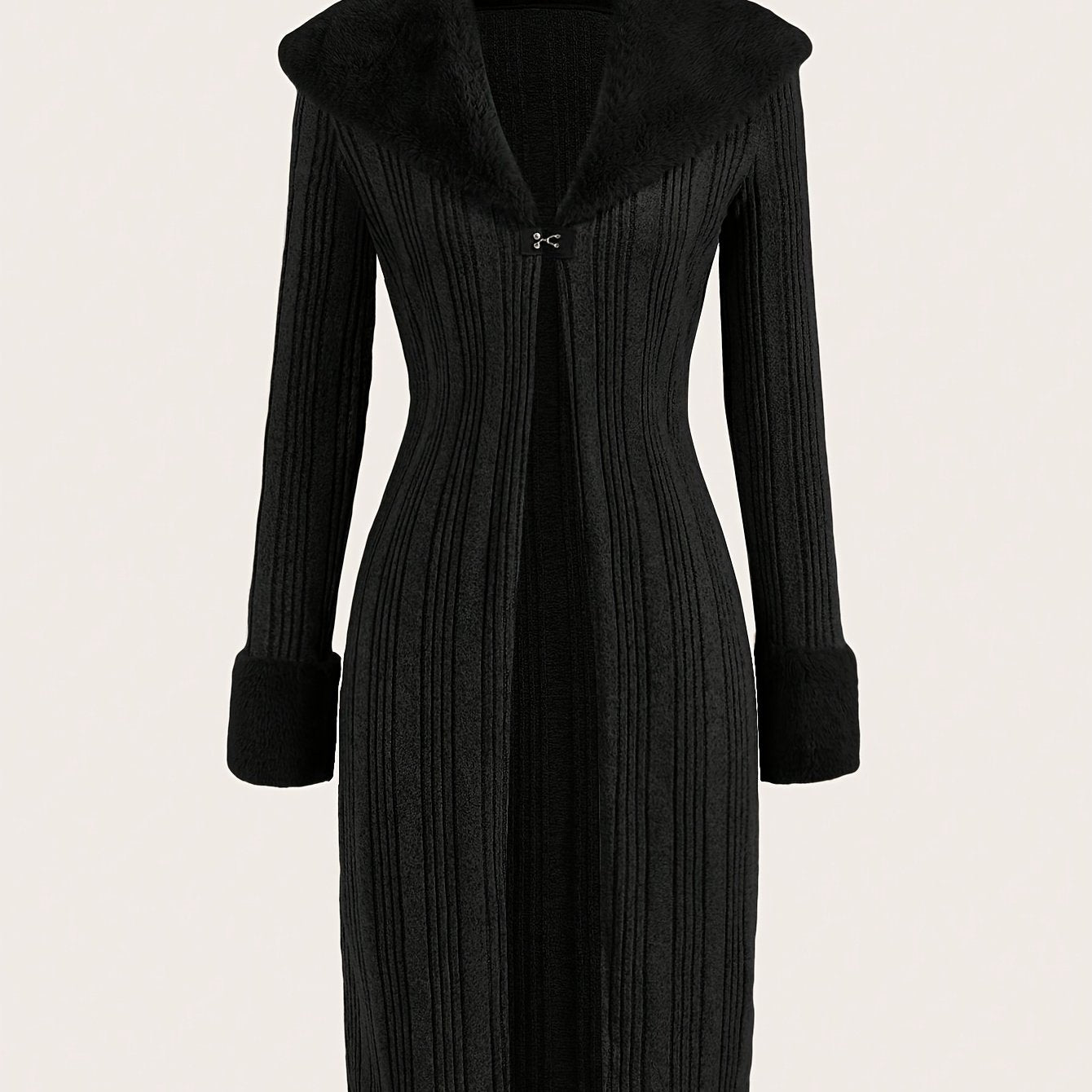 Uzoq yengli, uslubiy polyester palto, soxta mo'ynali yaka bilan, barcha fasllar uchun mukammal.