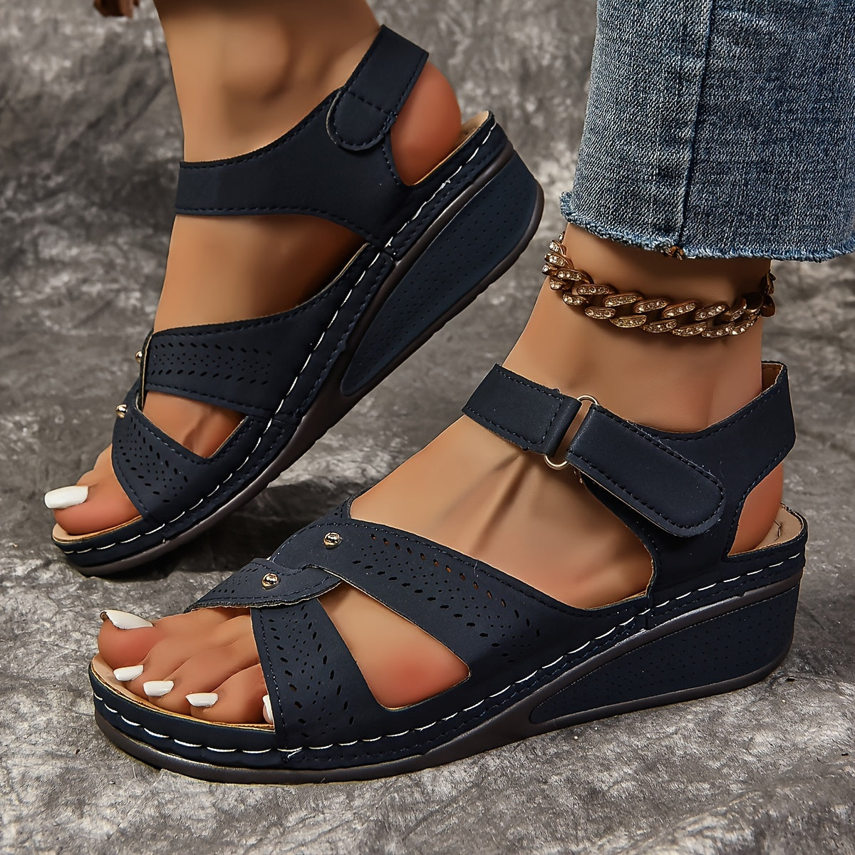 Women's Solid Color Wedge Sandals Open Toe Platform Ankle Strap