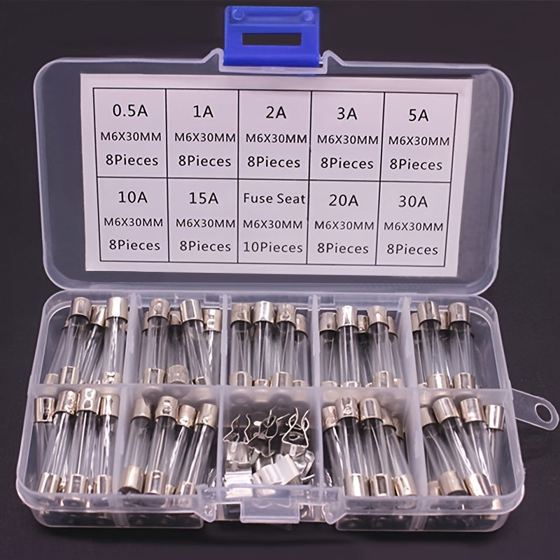 72Pcs Assorted Glass Tube Fuse Kit 0.2A–30A, 5x20mm & 6x30mm