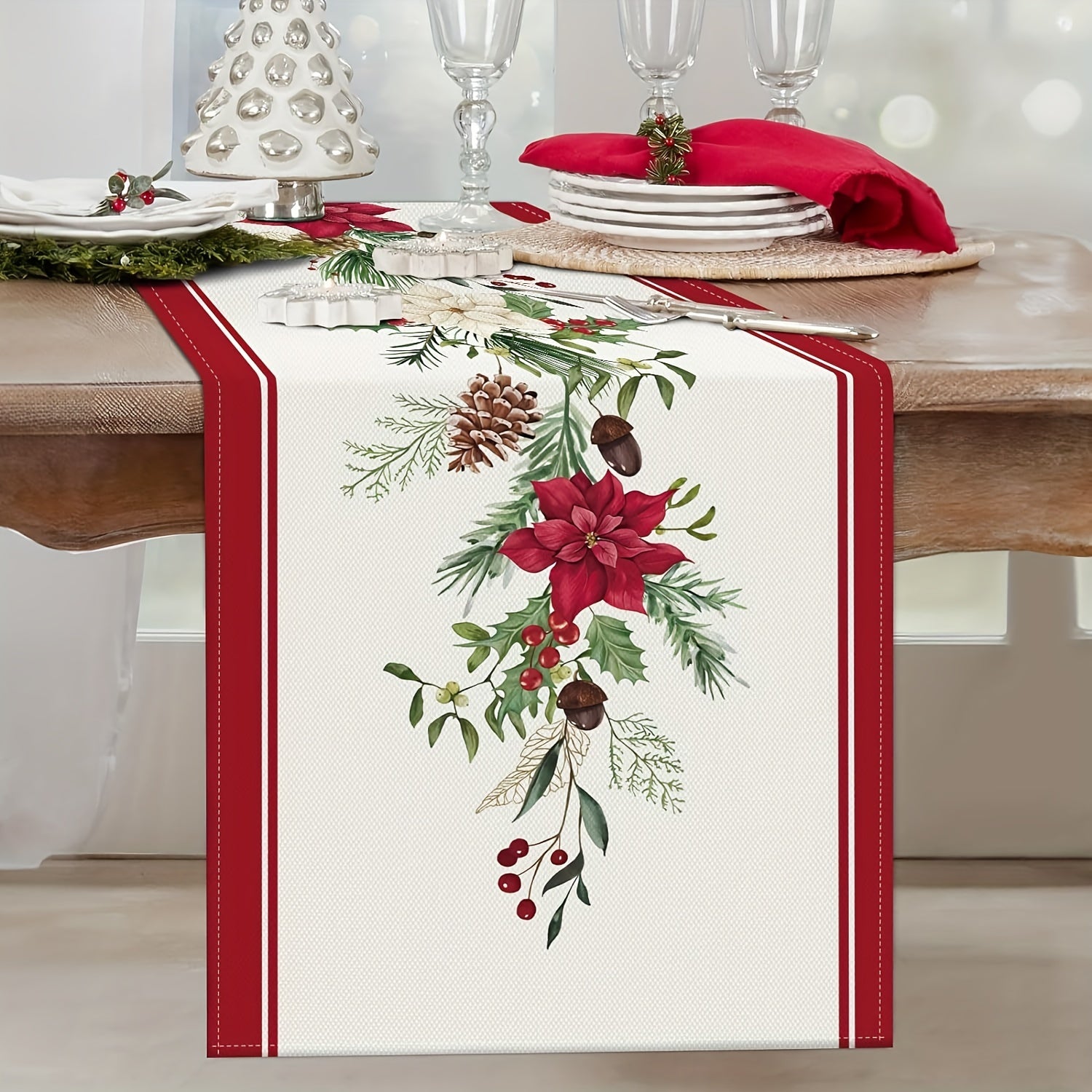 Christmas Table Runner with Red Poinsettia and Pine Branches for Indoor or Outdoor Use