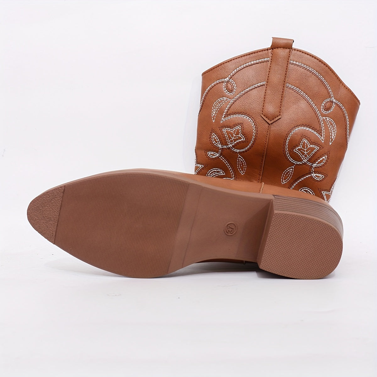 Women Brown Western Boots with Floral Embroidery Pointed Toe Block Heel