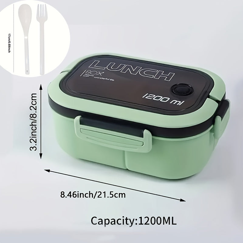 Двухъярусная бенто-ланч-бокс с вилкой и ложкой - объем 1200 мл, подходит для разогрева в микроволновке, идеален для студентов и офисных работников, изготовлен из пластика, сохраняющего свежесть.