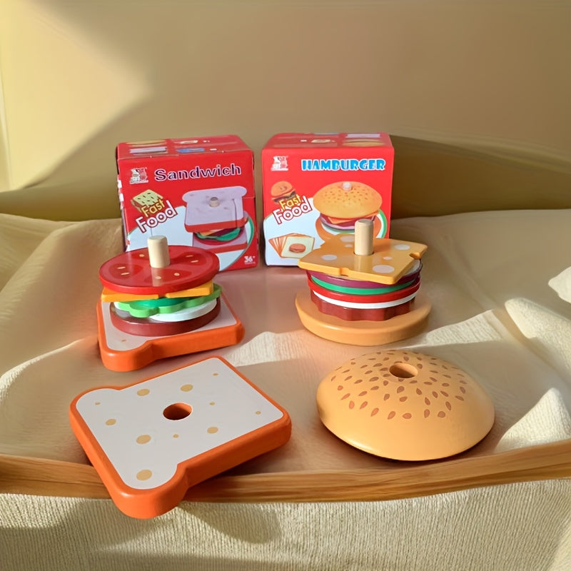 Kids Wooden Pretend Food Set for Kids Kitchen Play with Sandwich and Hamburger Toys