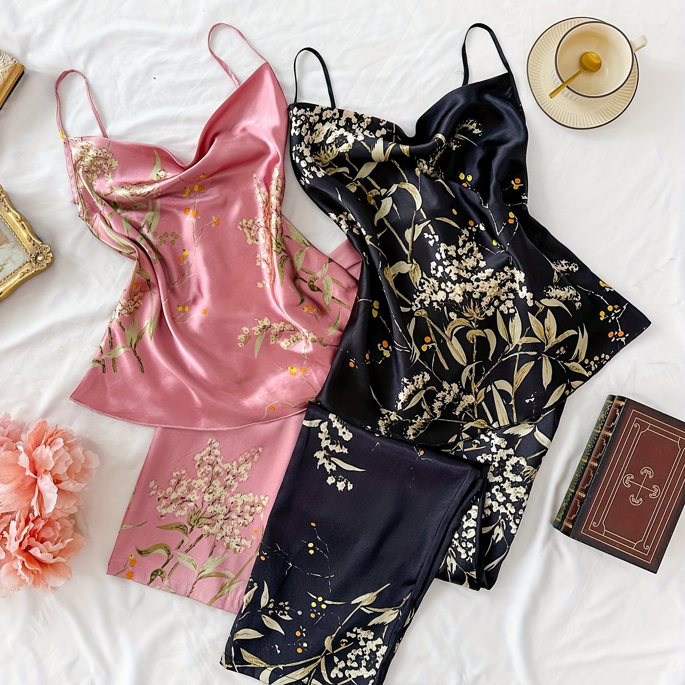 Women's Satin Pajama Sets with Floral Print Turtleneck Backless Top Summer Nightwear