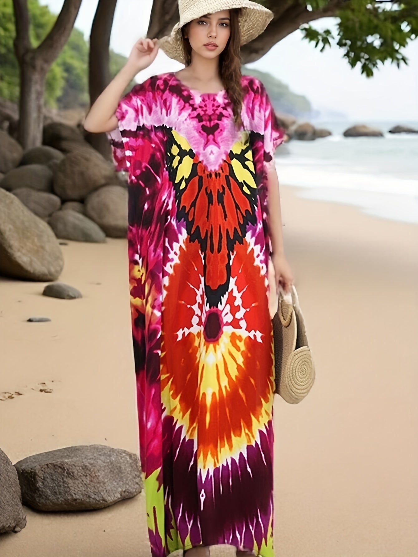 Plus o'lcham ayollar uchun tie-dye plyaj kiyimlari uzun tunik va gul naqshlari