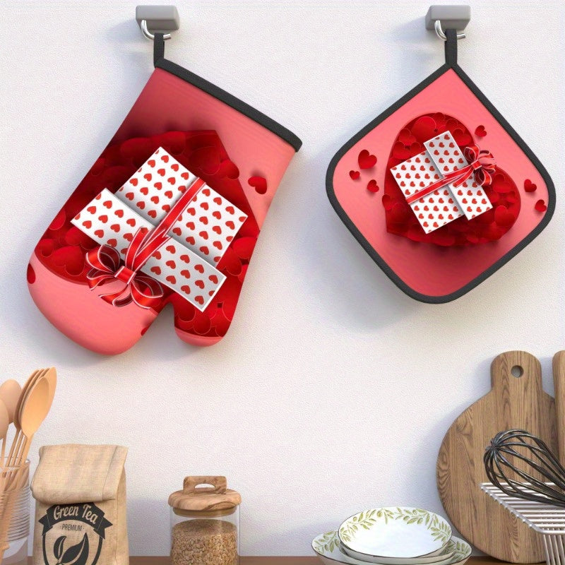 Valentine's Day Oven Mitts and Pot Holders Set Heat-Resistant Red Black Kitchen Decor