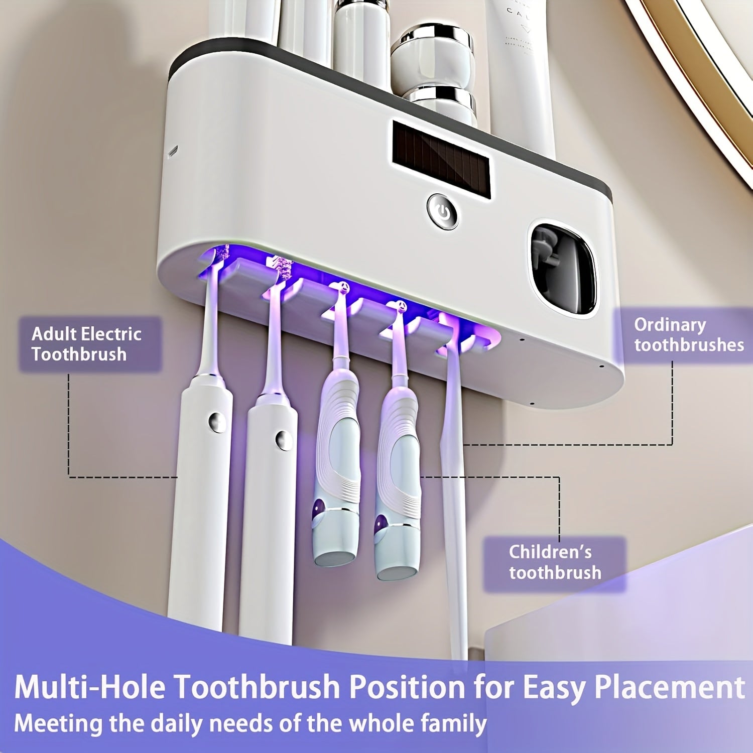 Electric Toothbrush Sanitizer and Dispenser Wall Mount with Storage