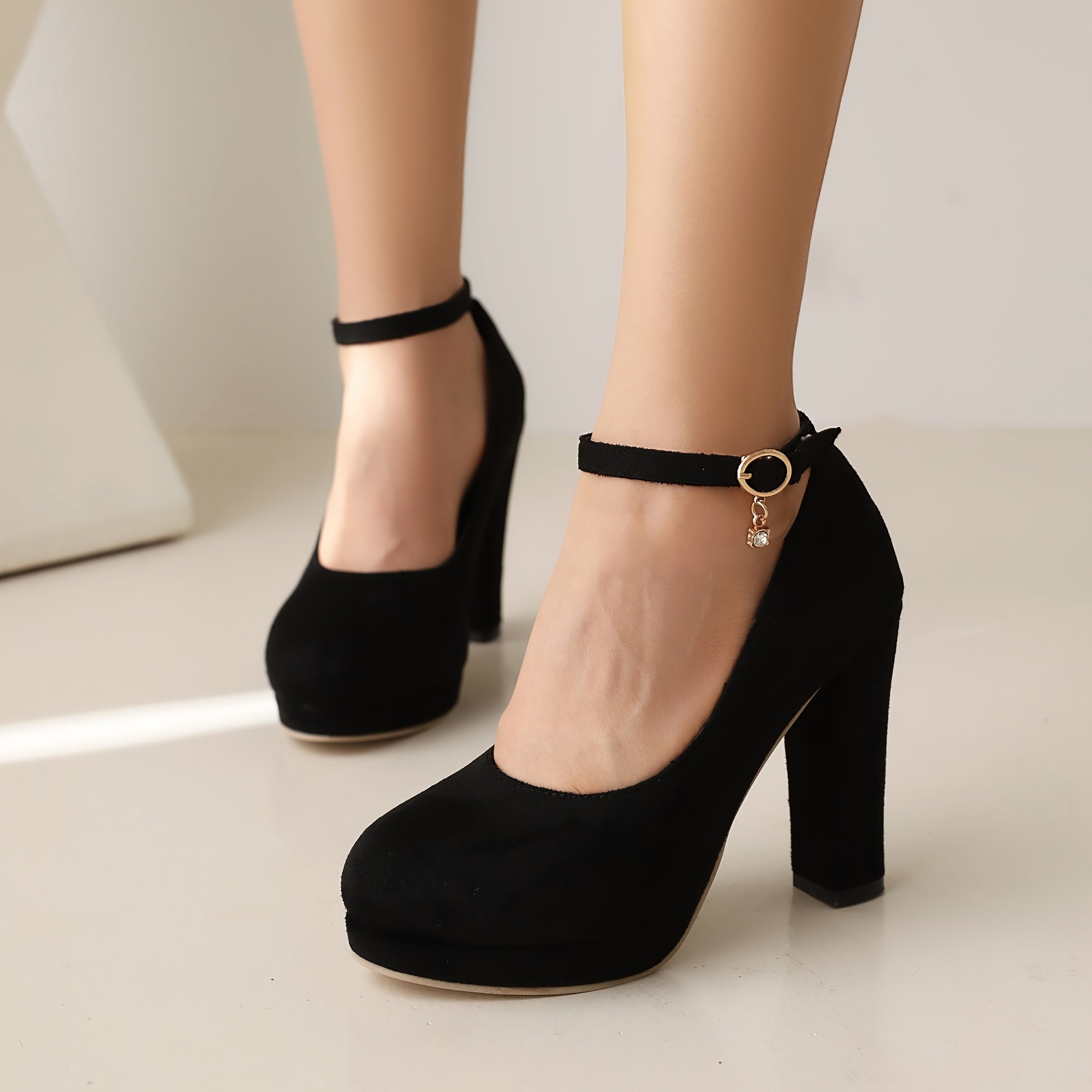 Women's Solid Color Elegant Pumps Shallow Mouth Ankle Strappy Buckle Chunky Heels