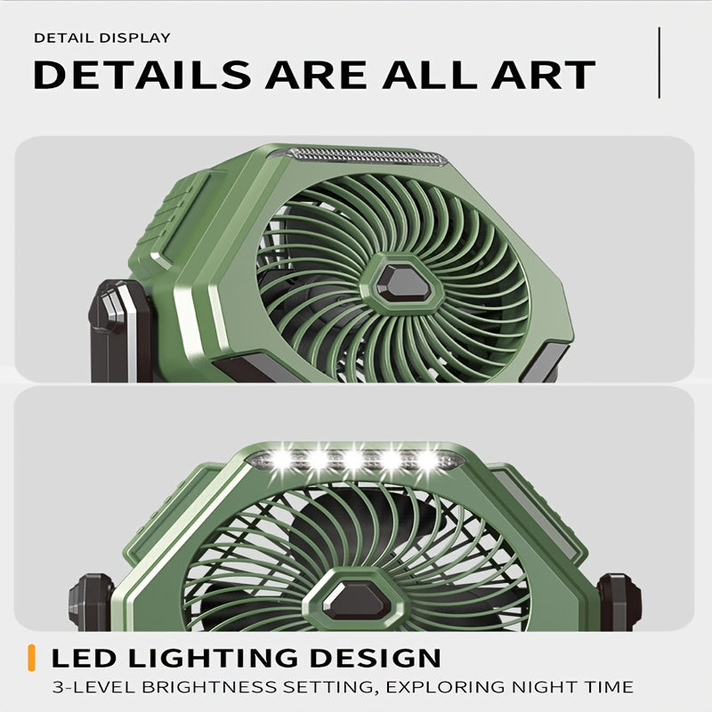 6000mAh batareyali va USB orqali zaryadlanadigan portativ stol ventilyatori - 3 tezlik sozlamalari, LED yoritish, ofis, sayohat va ochiq havoda foydalanish uchun ixcham dizayn - Zaryadlanadigan portativ ventilyator