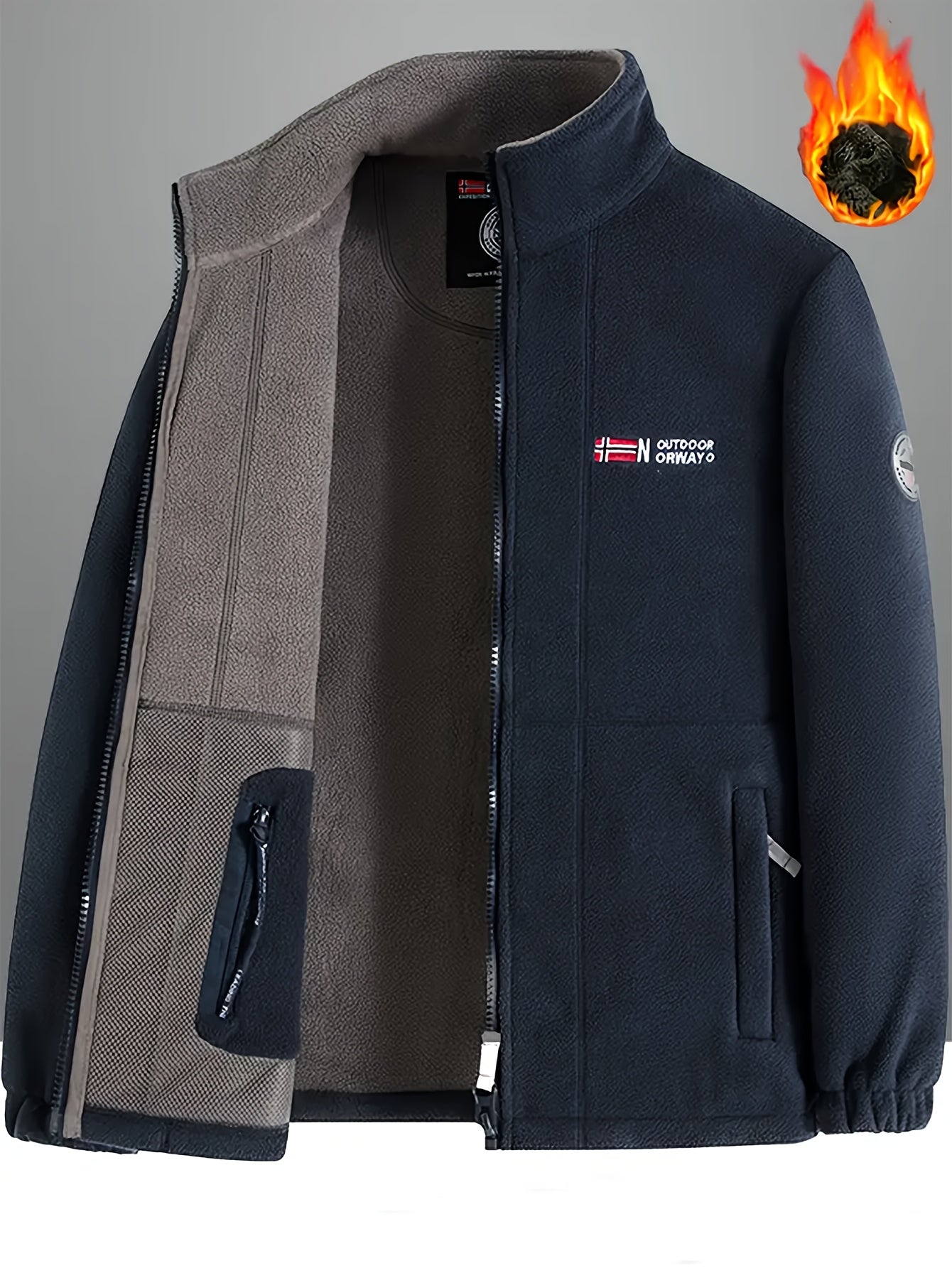 Men's Fleece-Lined Jacket with Embroidered Detailing in Black and Gray Winter Casual Zipper Stand Collar Side Pockets