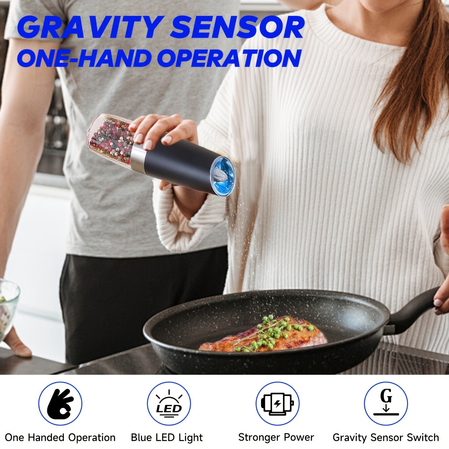 Electric Pepper and Salt Grinder Set with Adjustable Coarseness Battery Operated Stainless Steel with LED Light