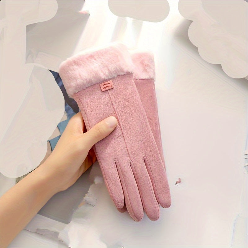 Yumshoq Plush Qulf Suede Qo'lqoplar, Qattiq Rangda, Qo'shimcha Issiqlik Uchun Velur Bilan - Ayollar Uchun Kuz va Qish Qo'lqoplari, Shamol va Sovuqdan Himoya Uchun