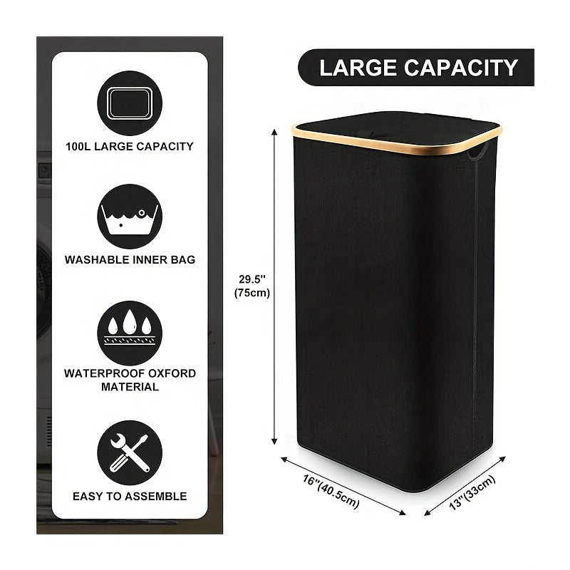Foldable 100L Laundry Basket with Lid and Liner Grey Black for Bedroom Bathroom Dorm