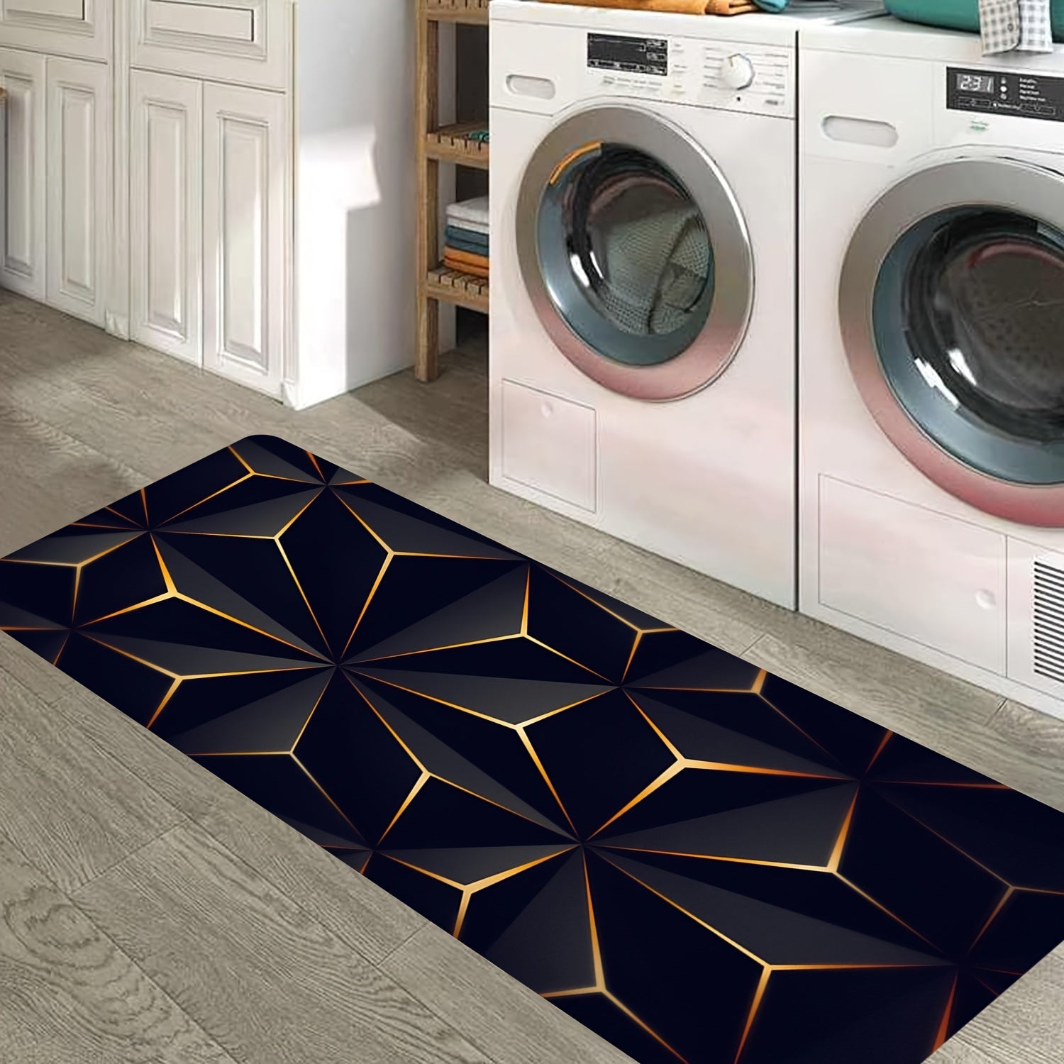 Black and Gold Geometric Area Rug for Living Room and Bedroom Slip-Resistant Carpet