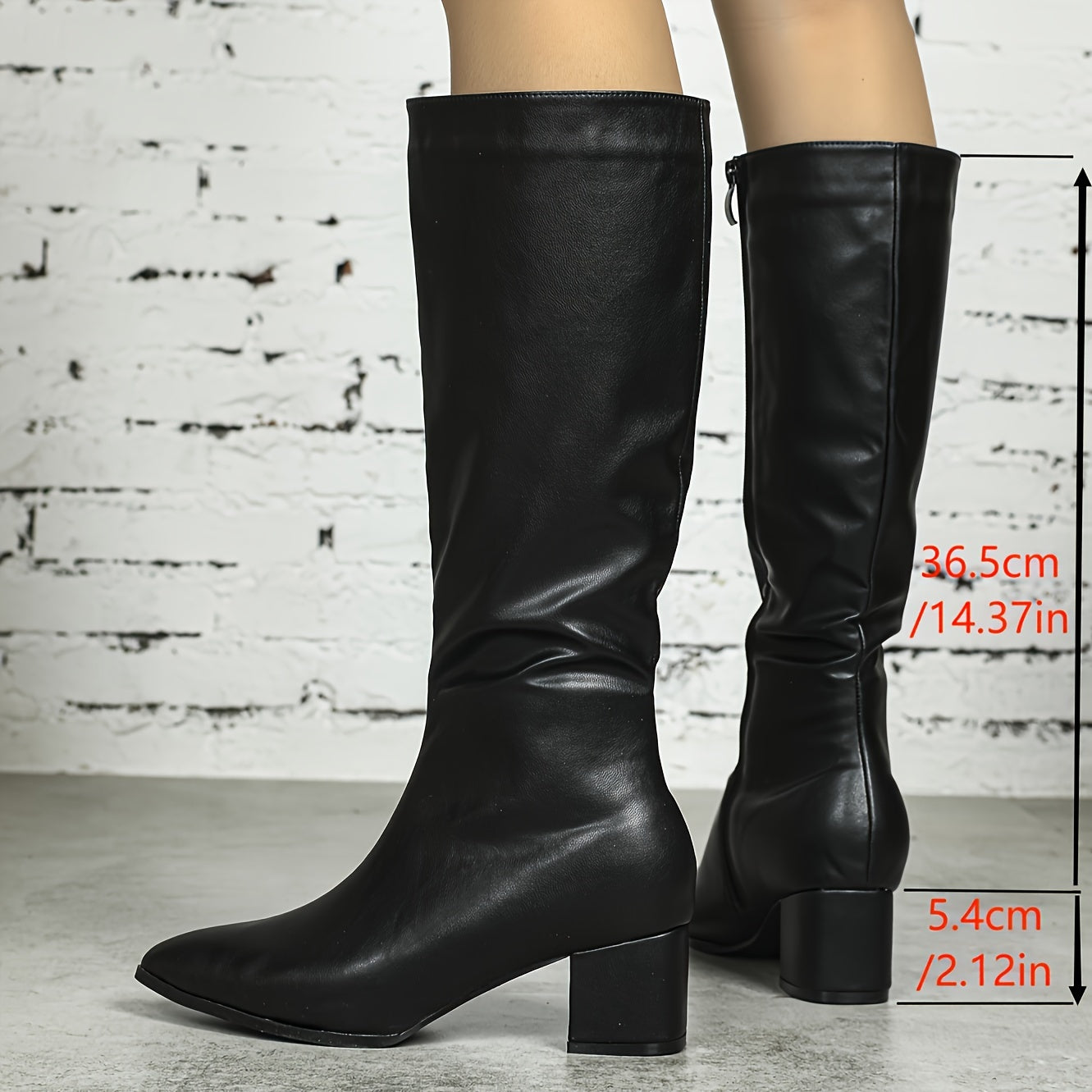 Women's Faux Leather Side Zipper Chunky Heel Long Boots Casual Motorcycle Riding Warm Shoes