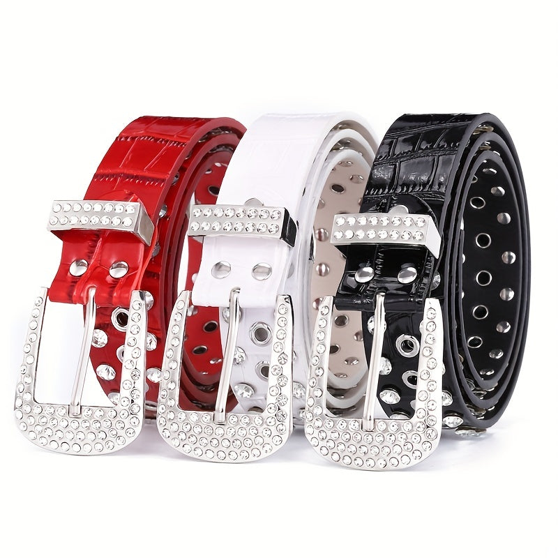 Hollow Out Rhinestone Belt for Women and Men Sparkling PU Leather Cowboy Waist Belt