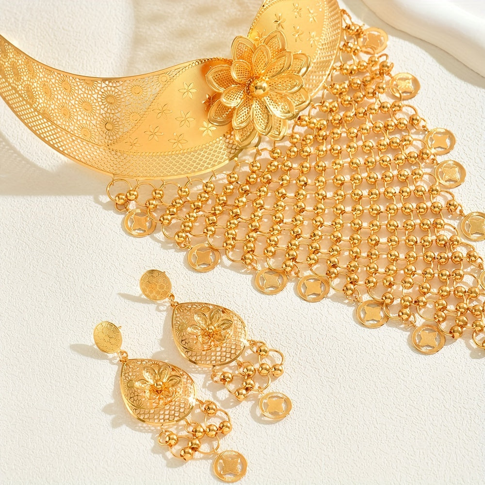 3-Piece Jewelry Set with Flower Choker and Tassel Drop Earrings for Weddings and Events