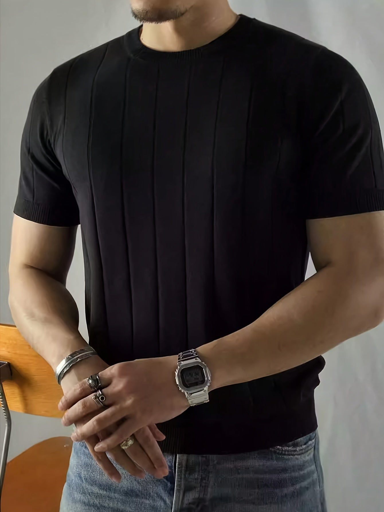 Men's Red Short Sleeve Crew Neck Knit Sweater with Stretch Fabric for Casual and Outdoor Wear