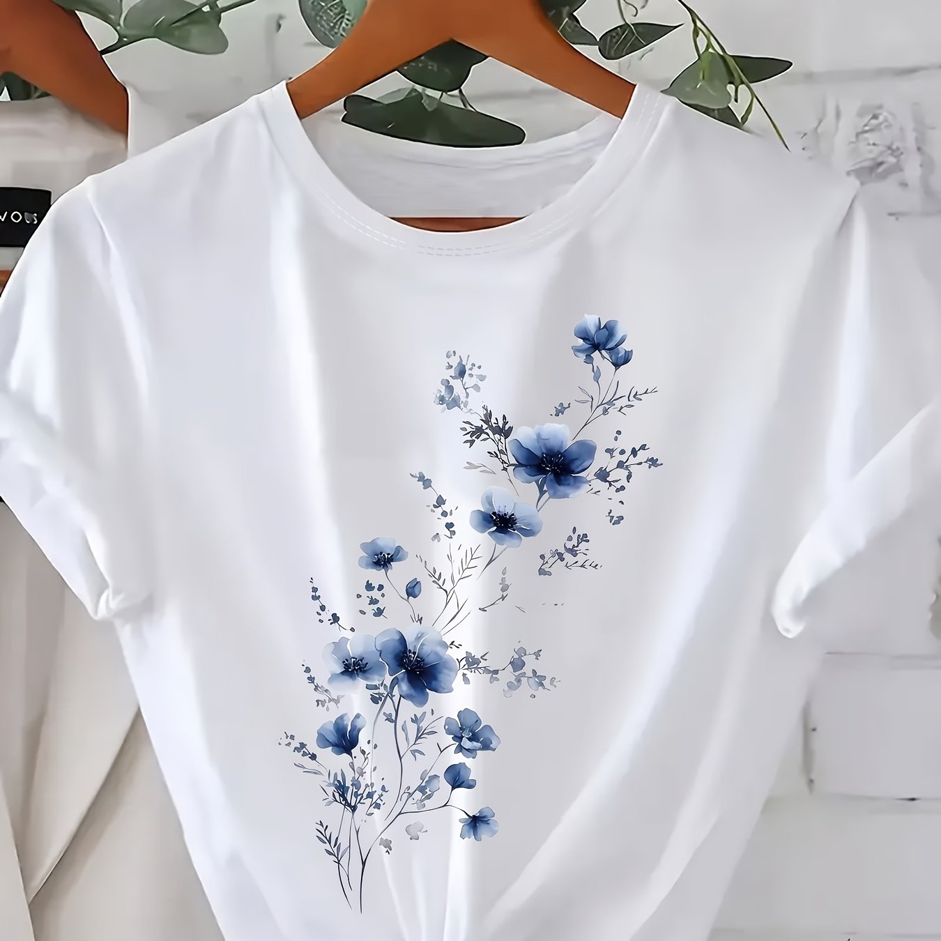 Plus Size Women's Floral Print T-Shirt Blue Short Sleeve Casual Top