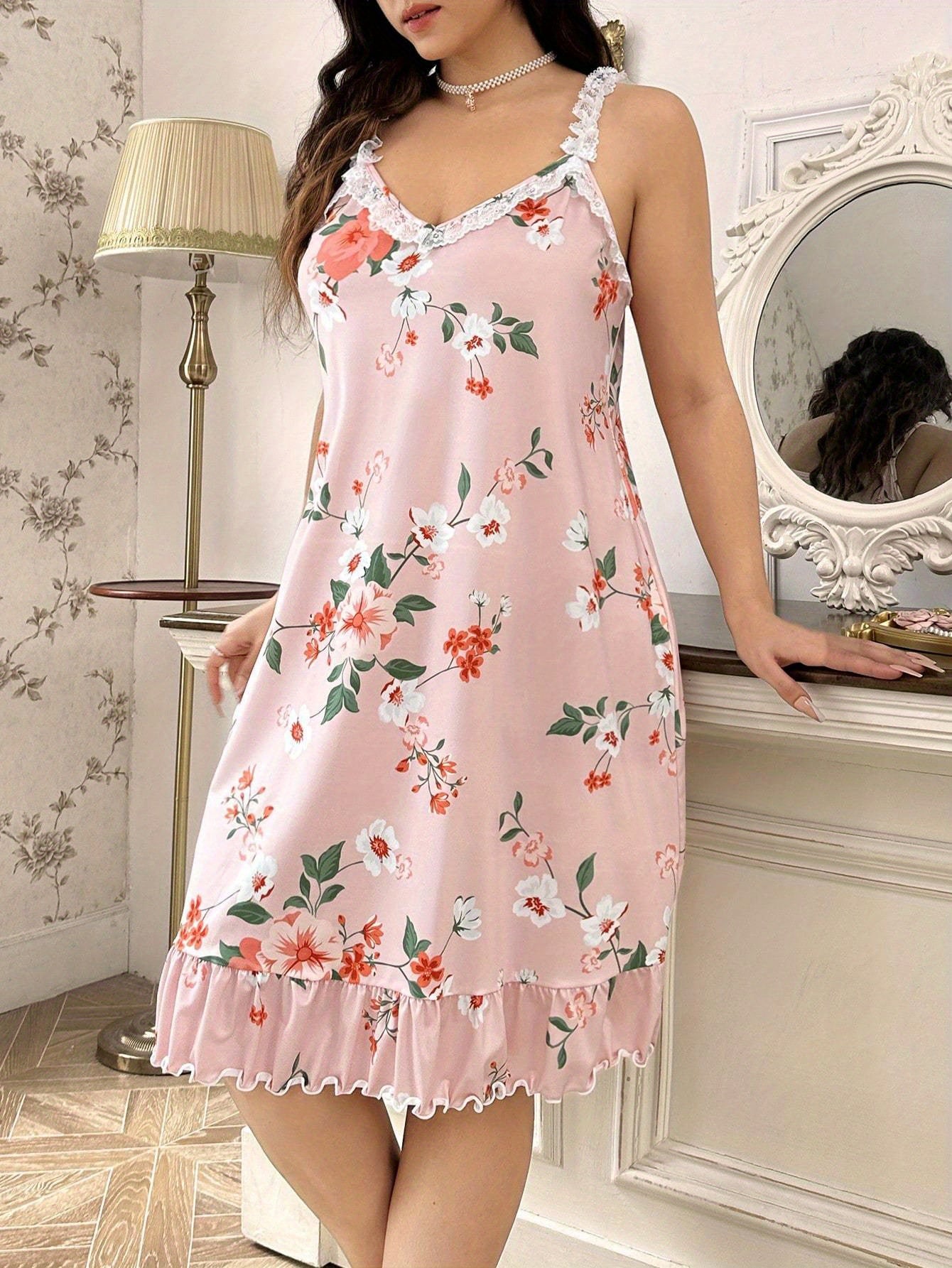 Plus Size Floral Night Dress Ruffled Hem Spaghetti Straps Pink White Orange