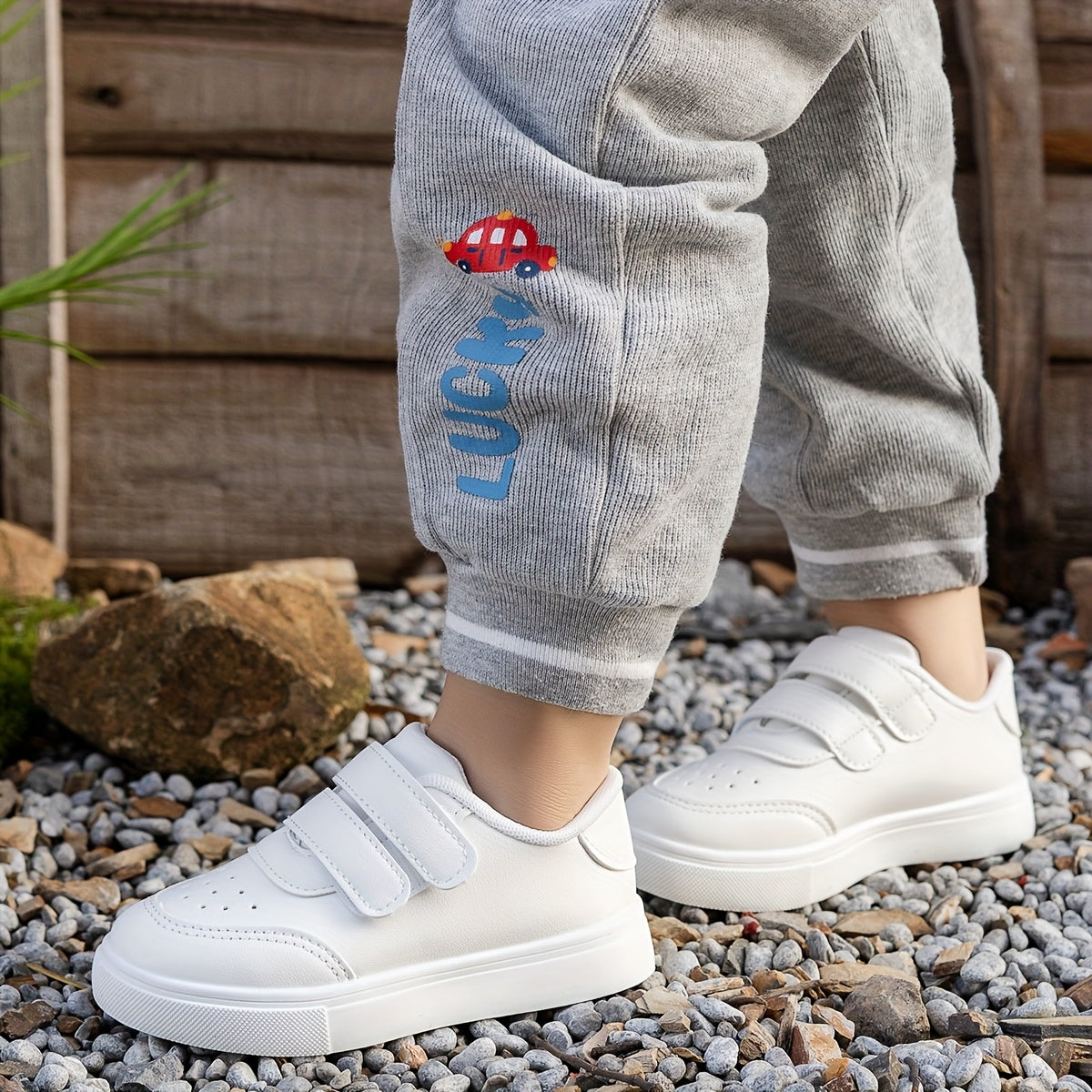 Kids White Low-Top Casual Sneakers with Elastic Fastener Straps Breathable Fabric Rubber Sole