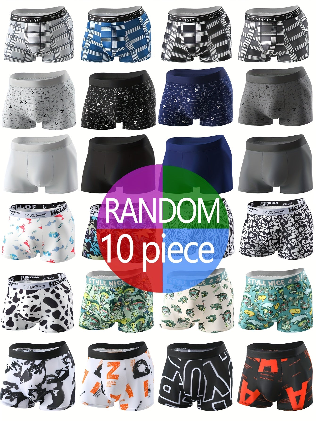 Men's Boxer Briefs Pack of 10 Assorted Animal Prints Moisture-Wicking Polyester Spandex Casual Shortie