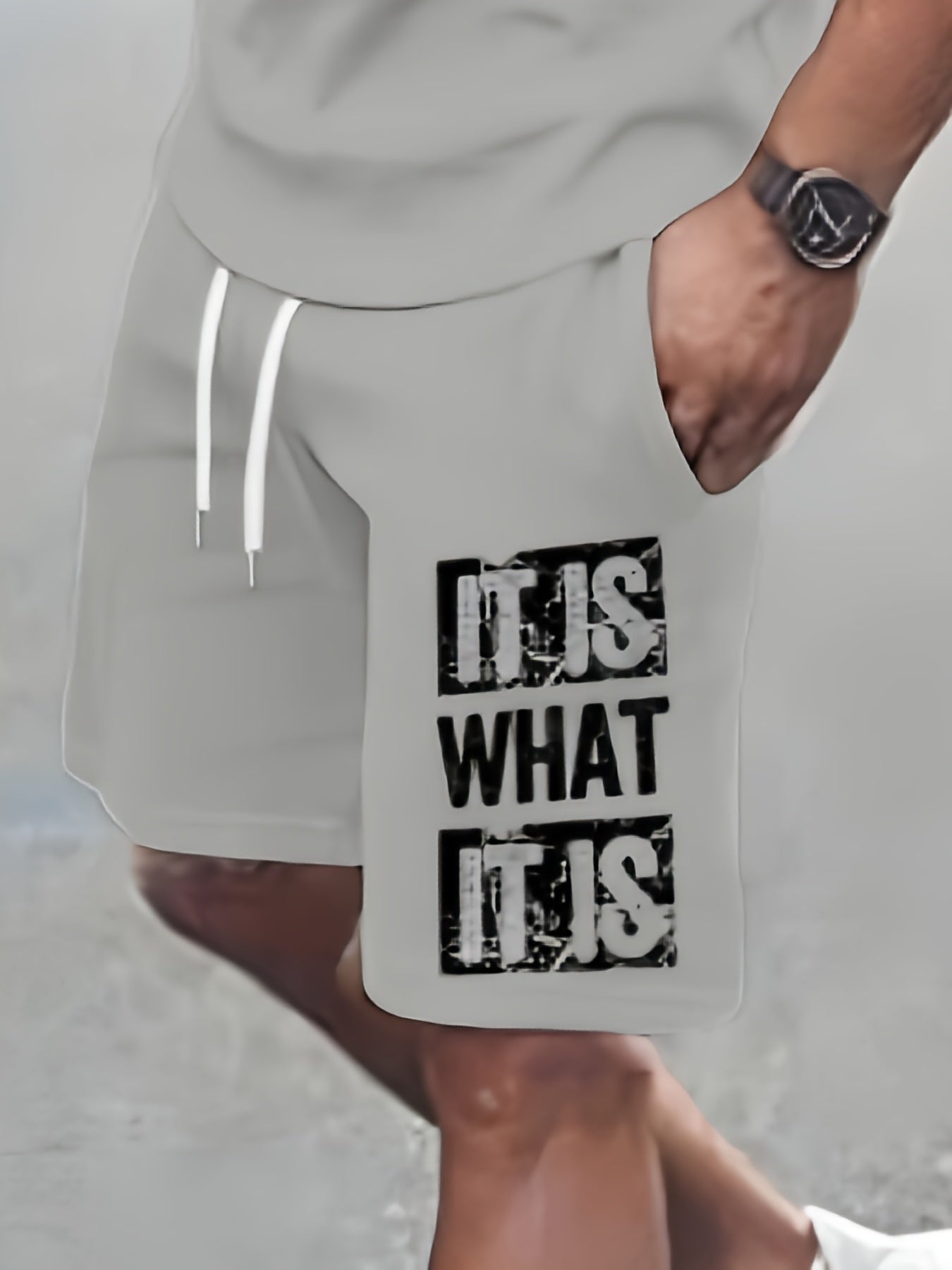 Men's Summer Suit Gray Letter Print Knit Fabric Casual Travel Fitness Social